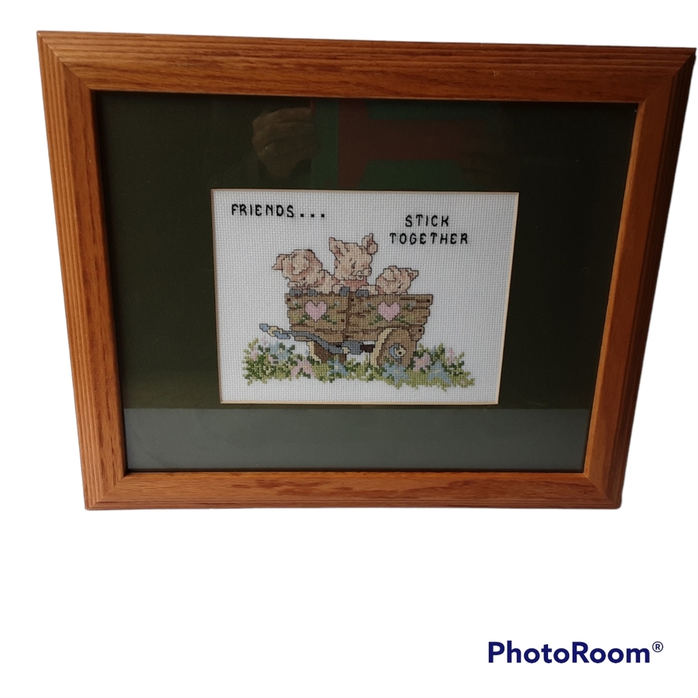 Framed Cross Stitch Three Little Pigs Wagon Garden Friends Stick Together